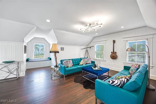 living room featuring dark wood-type flooring and lofted ceiling