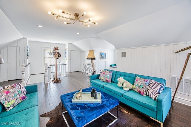 living room featuring lofted ceiling and dark wood-type flooring