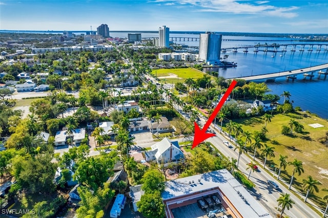 drone / aerial view featuring a water view