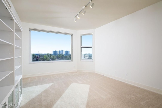 unfurnished room with light colored carpet, a healthy amount of sunlight, and rail lighting