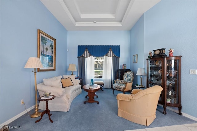 living area featuring a tray ceiling and light carpet