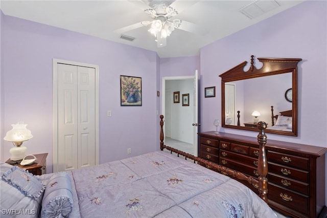 bedroom featuring ceiling fan and a closet