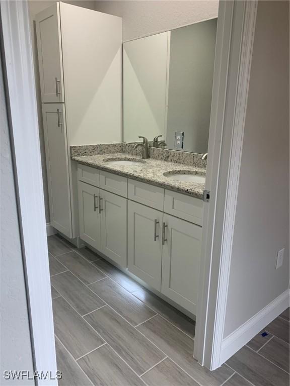 bathroom featuring double vanity, wood tiled floor, baseboards, and a sink