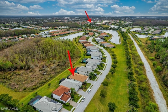 drone / aerial view featuring a water view