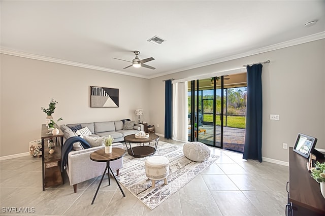 living room with ceiling fan, light tile patterned flooring, and crown molding