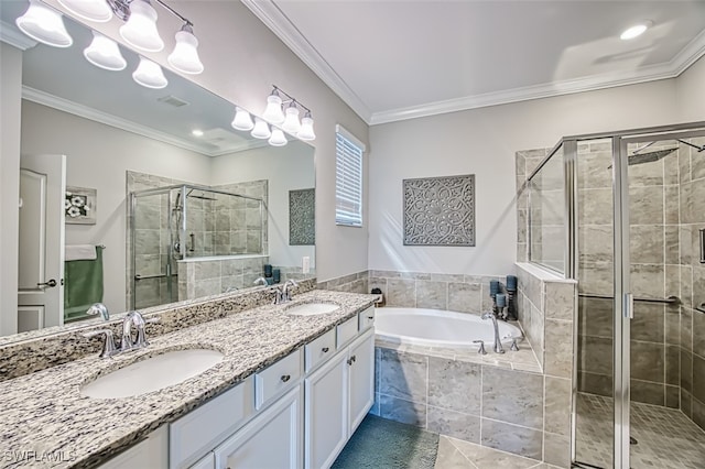 bathroom with shower with separate bathtub, crown molding, vanity, and tile patterned flooring