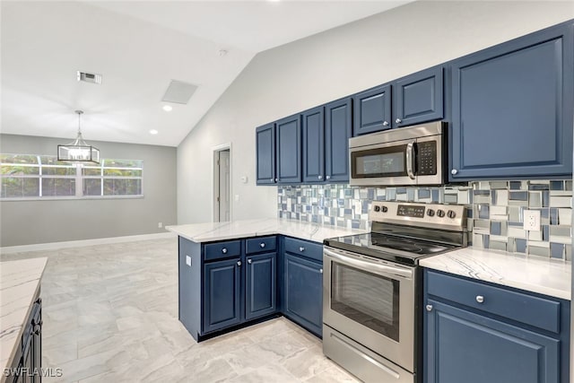 kitchen with kitchen peninsula, decorative backsplash, lofted ceiling, blue cabinetry, and appliances with stainless steel finishes