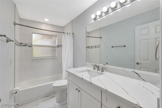 full bathroom featuring toilet, vanity, and shower / bath combo with shower curtain