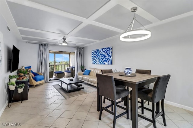 dining area featuring light tile patterned floors, ceiling fan, and coffered ceiling