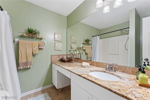 bathroom featuring tile patterned flooring, vanity, and walk in shower