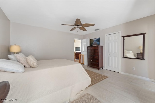 bedroom with ceiling fan and a closet