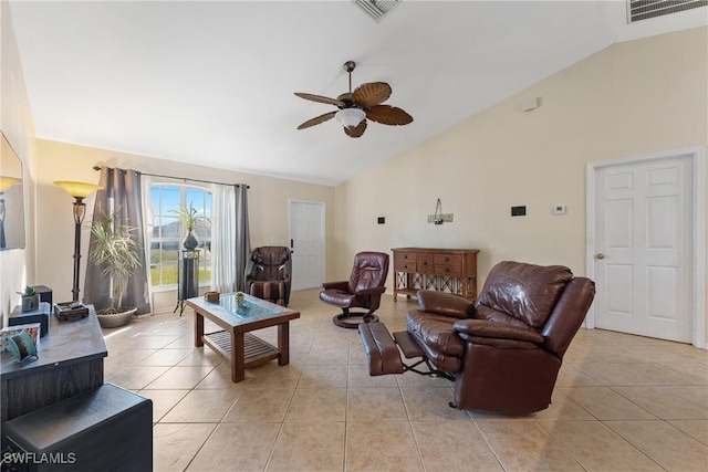 tiled living room with vaulted ceiling and ceiling fan