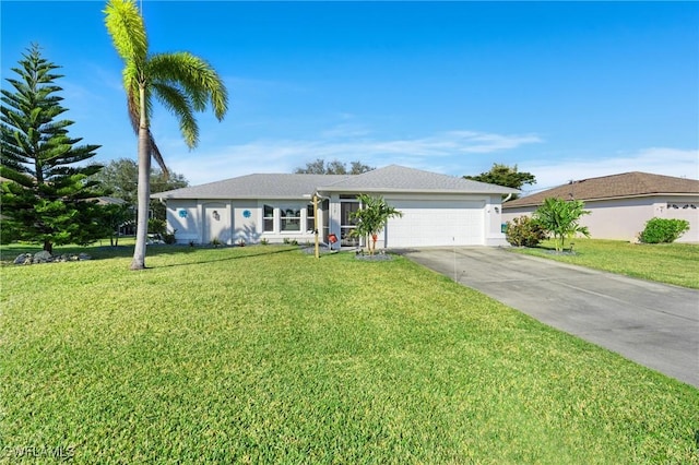 ranch-style home featuring a garage and a front yard