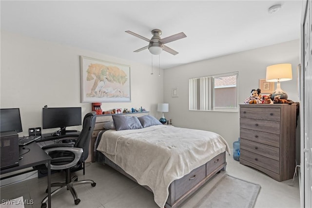 bedroom with light tile patterned floors and ceiling fan