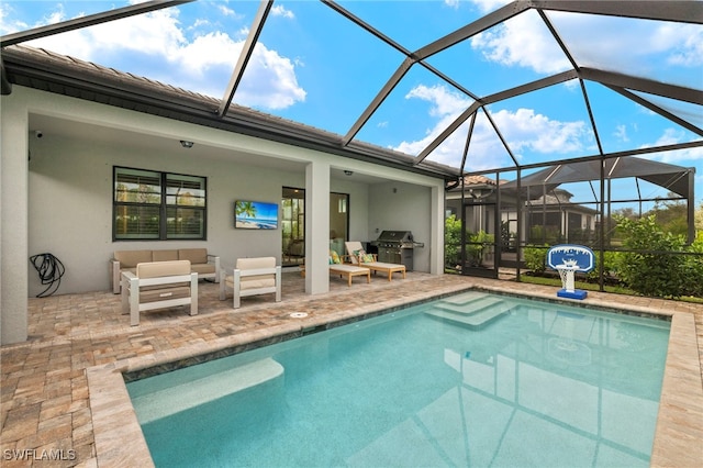 outdoor pool featuring a lanai, a patio, an outdoor living space, and grilling area