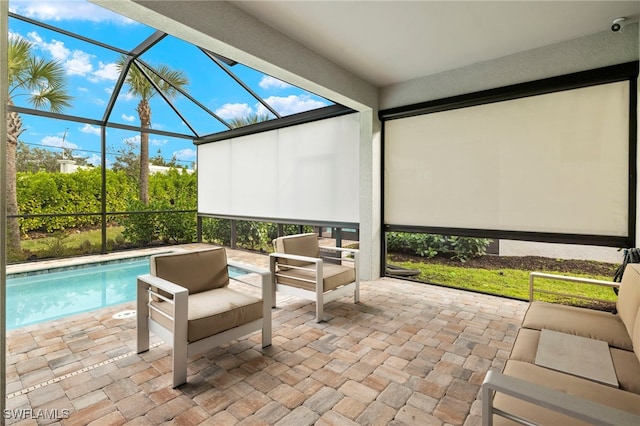 exterior space featuring outdoor lounge area, a lanai, and an outdoor pool