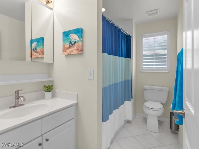 bathroom with a shower with shower curtain, vanity, toilet, and tile patterned flooring