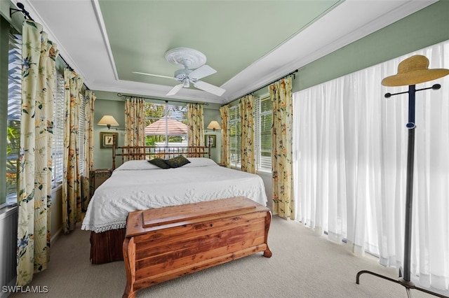 bedroom featuring ceiling fan, crown molding, a raised ceiling, and carpet floors