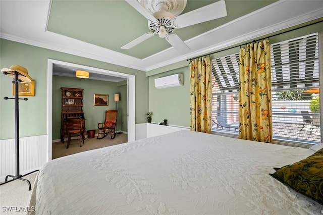 bedroom featuring ceiling fan, an AC wall unit, carpet floors, and crown molding