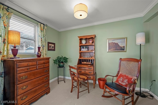 living area with light carpet and ornamental molding