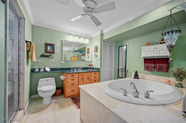 full bathroom with independent shower and bath, tile patterned flooring, crown molding, and vanity