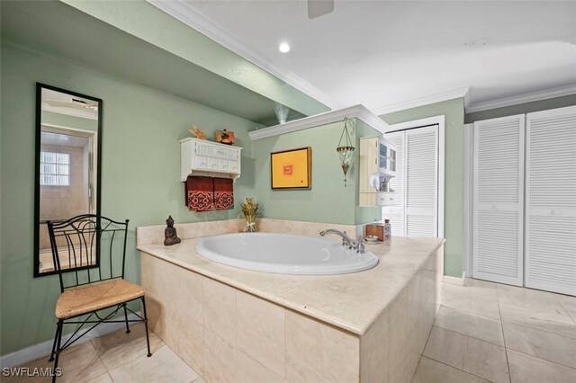 bathroom with tile patterned floors and ornamental molding