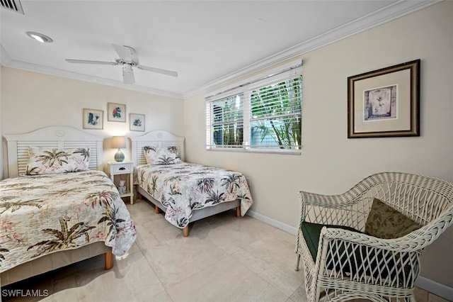 tiled bedroom featuring ceiling fan and crown molding