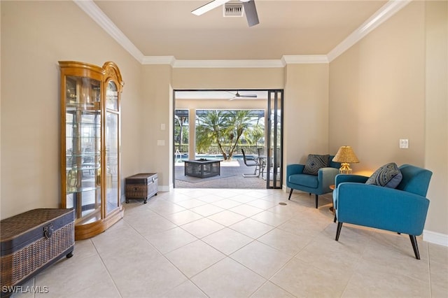 9284 Trieste Dr, Fort Myers, FL 33913 - sitting room with baseboards, ceiling fan, visible vents, and crown molding