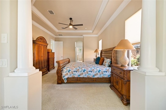 9284 Trieste Dr, Fort Myers, FL 33913 - bedroom with decorative columns, light carpet, ornamental molding, and visible vents