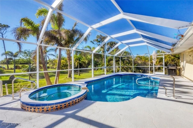 view of swimming pool featuring an in ground hot tub, a patio, area for grilling, glass enclosure, and a lawn