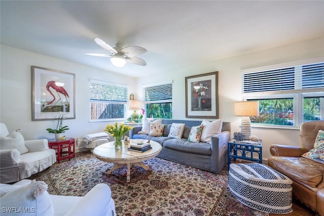 living room with ceiling fan