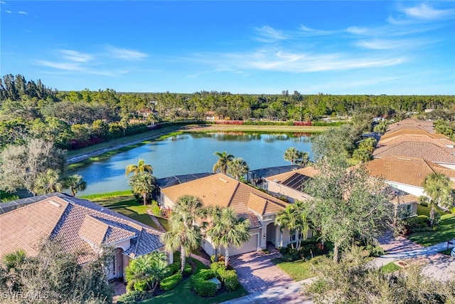 aerial view featuring a water view