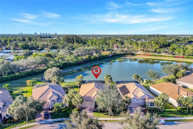 drone / aerial view featuring a water view