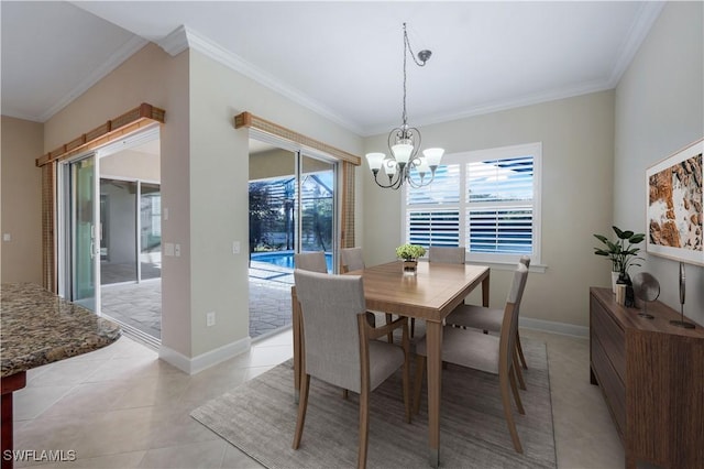 tiled dining area with a notable chandelier and ornamental molding