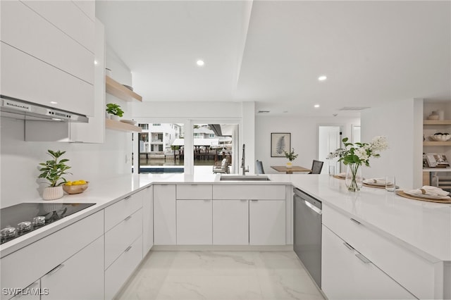 kitchen featuring sink, white cabinetry, black electric cooktop, dishwasher, and kitchen peninsula