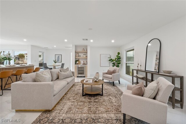 living room featuring wine cooler