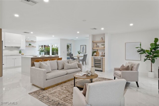 living room with beverage cooler