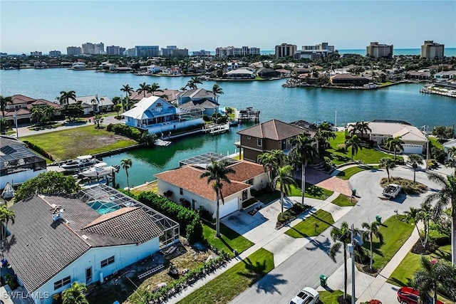 drone / aerial view featuring a water view