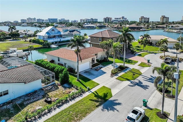 drone / aerial view with a water view