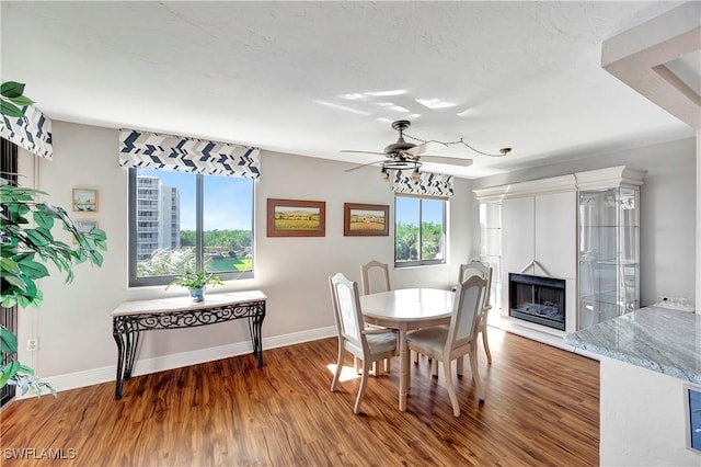 dining space featuring ceiling fan and hardwood / wood-style flooring