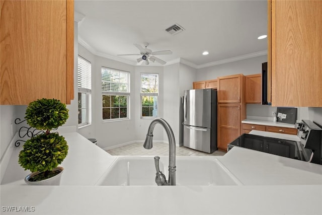 kitchen featuring ceiling fan, ornamental molding, appliances with stainless steel finishes, and sink