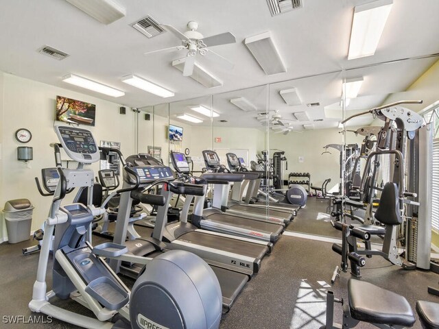 exercise room featuring ceiling fan