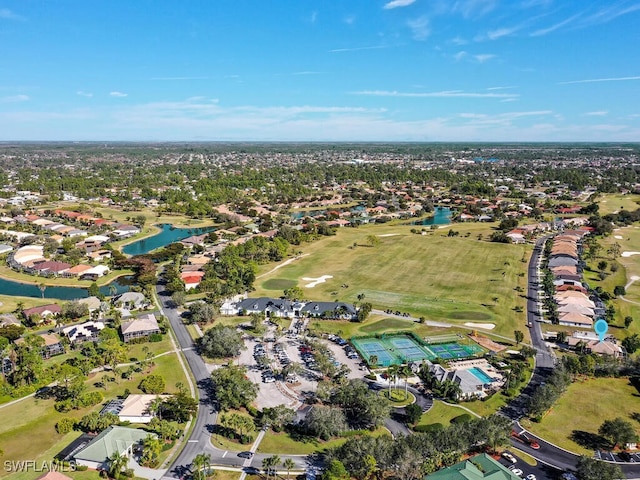 aerial view featuring a residential view and a water view