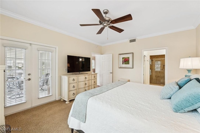 carpeted bedroom with ceiling fan, french doors, access to outside, and crown molding