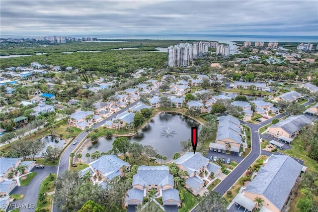 drone / aerial view featuring a water view