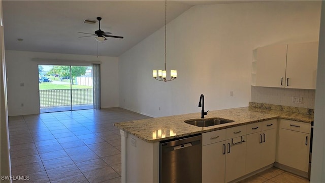 kitchen with vaulted ceiling, kitchen peninsula, dishwasher, and sink