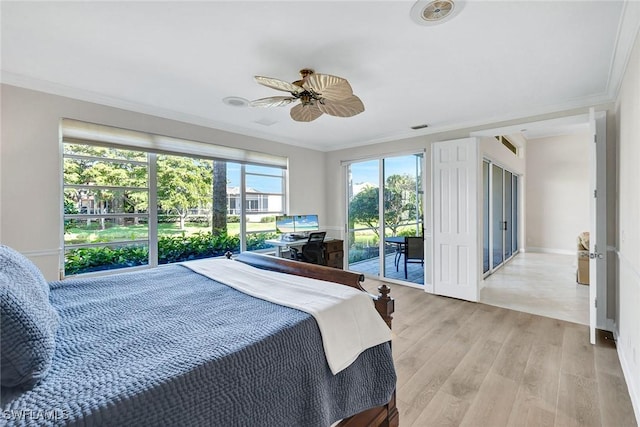 bedroom featuring ornamental molding, ceiling fan, access to exterior, and light hardwood / wood-style floors