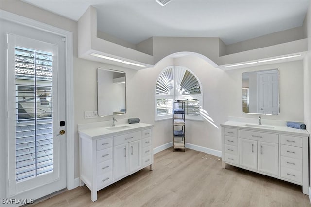 bathroom with hardwood / wood-style floors and vanity