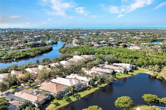 drone / aerial view featuring a water view