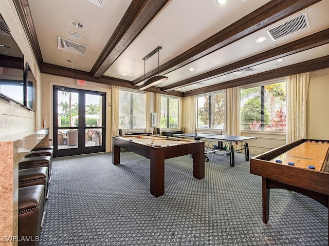 recreation room with dark colored carpet, crown molding, french doors, billiards, and beam ceiling